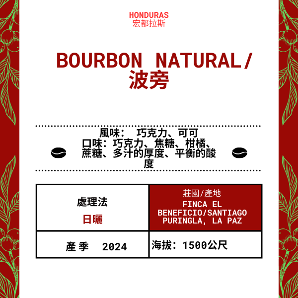 65-Bourbon Natural“Finca El Beneficio 莊園”洪都拉斯-Santiago Puringla , La Paz -2024年- 波旁Bourbon日曬----未稅價