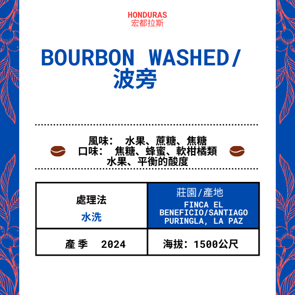 63-Bourbon Washed「Finca El Beneficio莊園」宏都拉斯-Santiago Purginla, La Paz -2024年- 波旁Bourbon水洗----未稅價